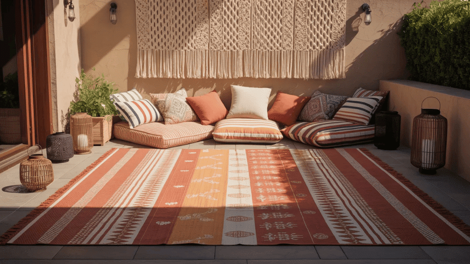 compact patio with layered rugs macrame wall hanging mixed cushions and lanterns at varying heights