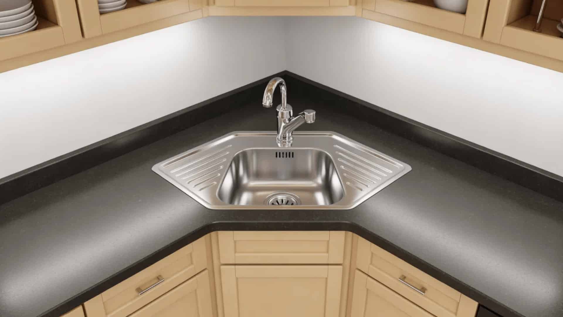 compact stainless steel corner sink fitted into small kitchen corner between two counter runs with chrome wall faucet