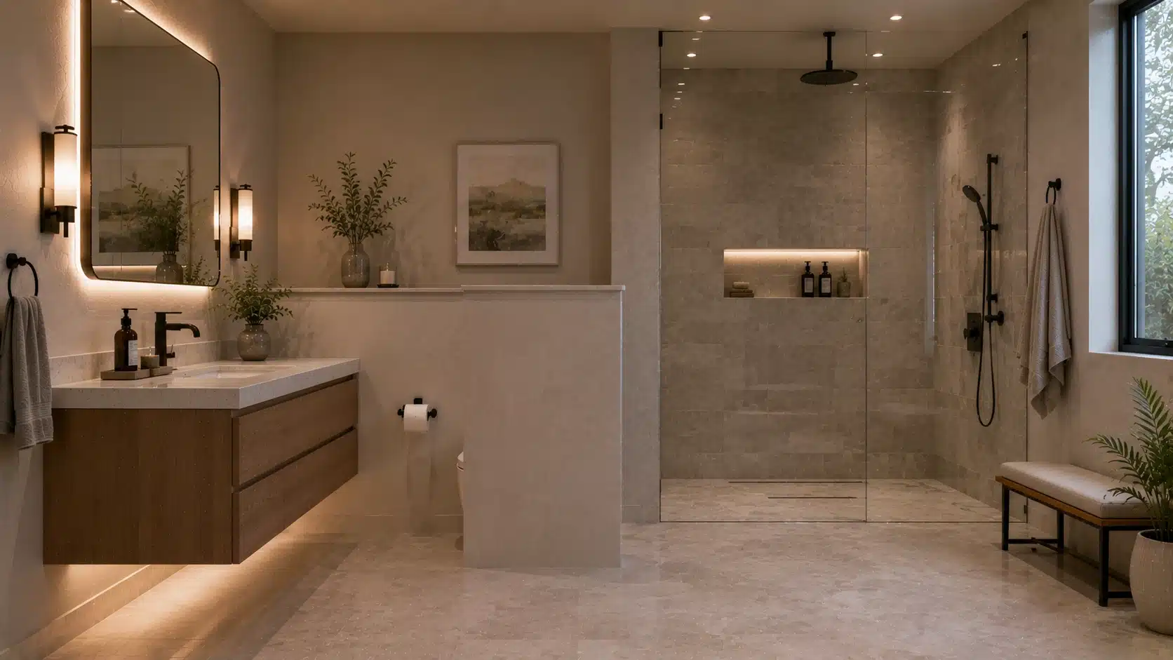contemporary bathroom with floating wooden vanity, glass walk-in shower, soft lighting, and neutral stone finishes