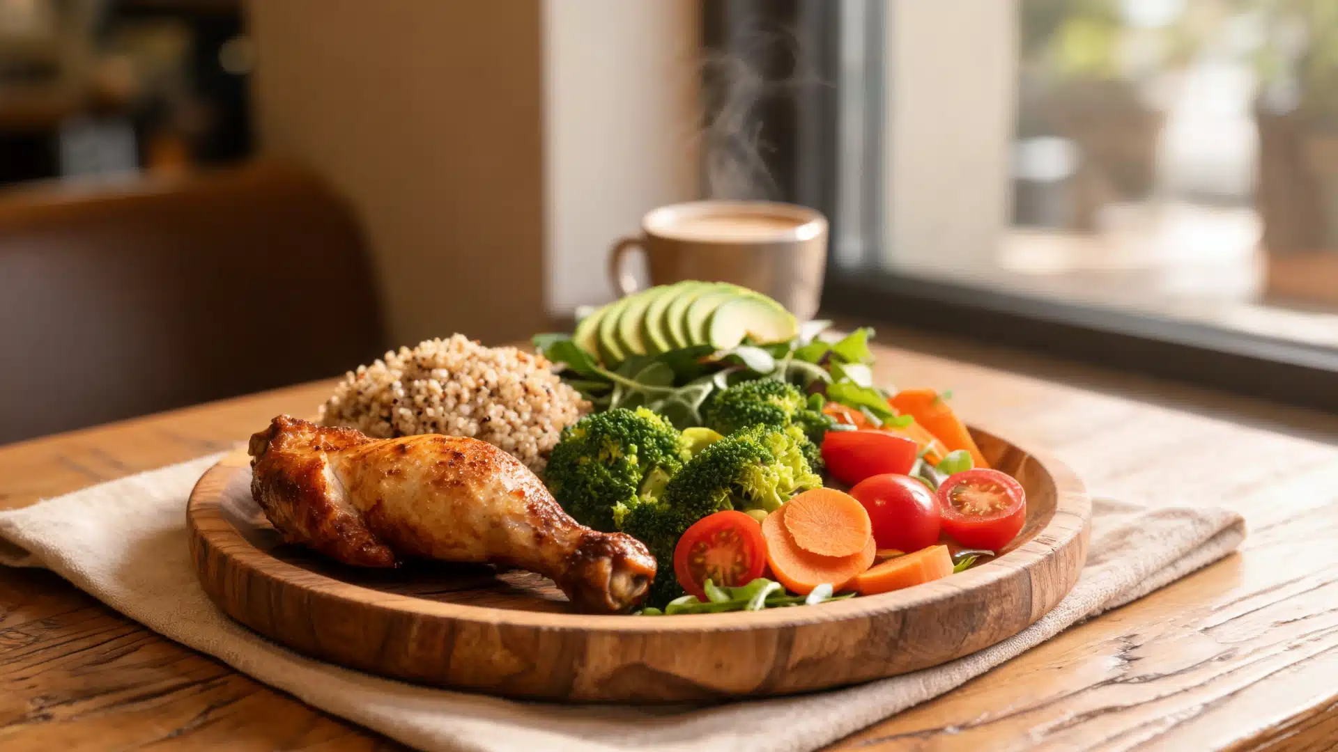 cooked chicken drumstick served with quinoa, vegetables, avocado and coffee on wooden plate in warm light