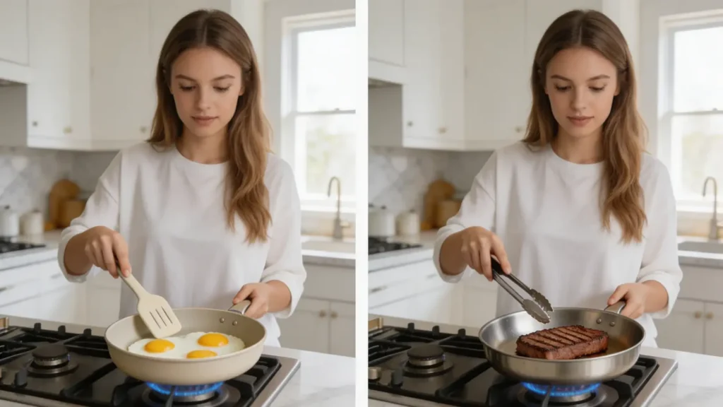 cookware comparison, split scene showing ceramic pan cooking eggs with non stick surface on one side and stainless steel pan searing steak with browning on the other, a real pretty young woman coo