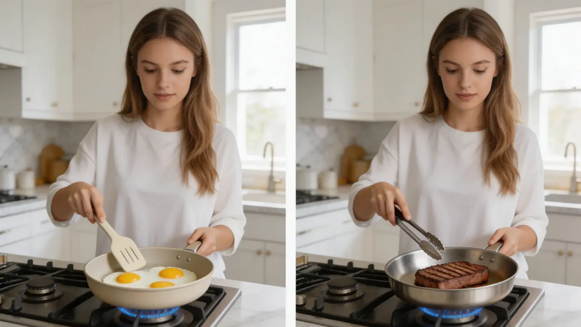 cookware comparison, split scene showing ceramic pan cooking eggs with non stick surface on one side and stainless steel pan searing steak with browning on the other, a real pretty young woman coo
