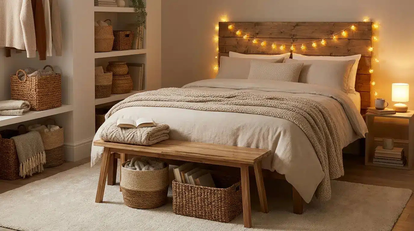 cozy bedroom featuring organized storage warm lighting and comfortable furnishings