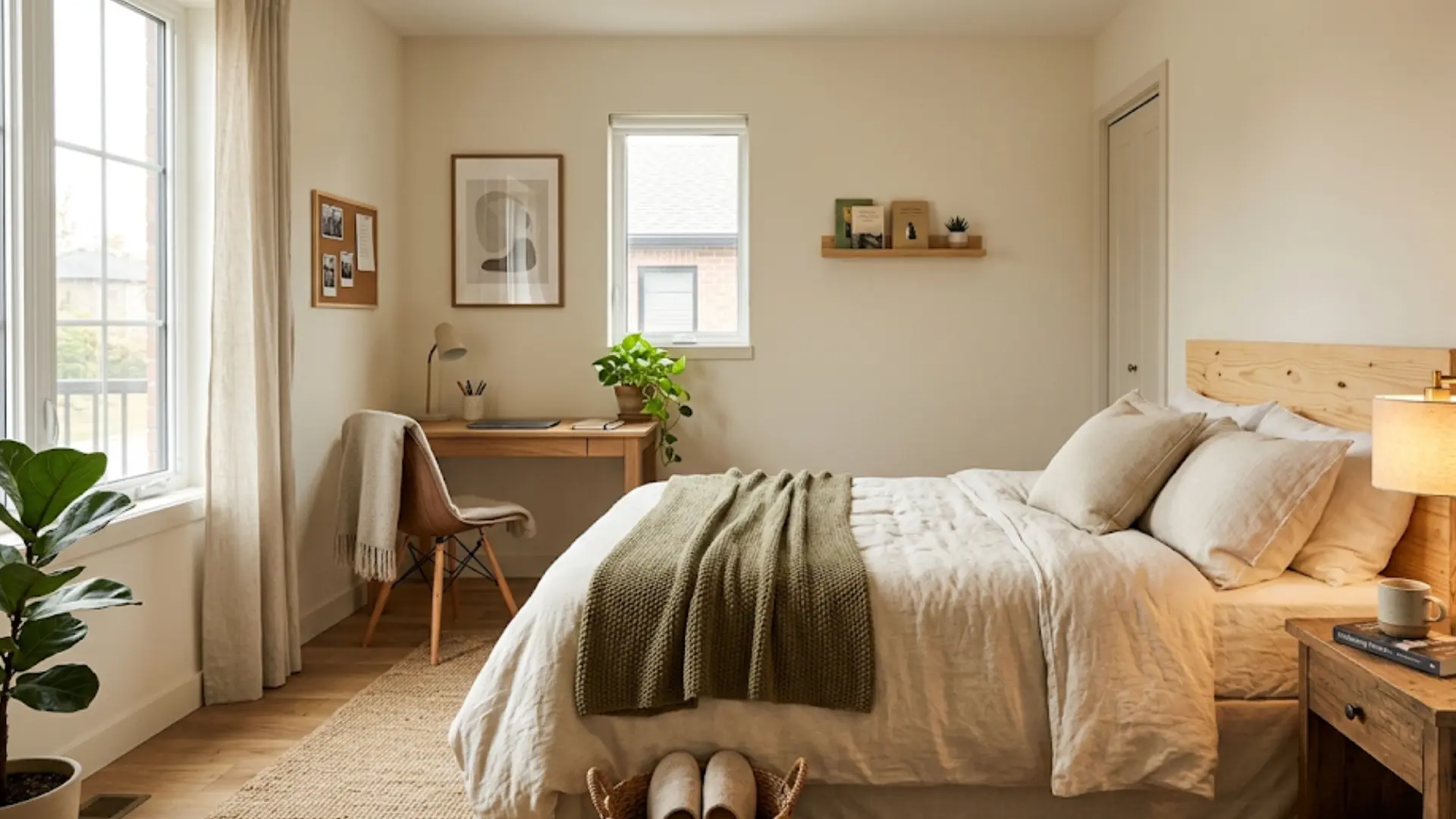 cozy bedroom setup with a bed, small desk, reading lamp, minimal decor, functional layout showing clear purpose, calm lighting, realistic home interior