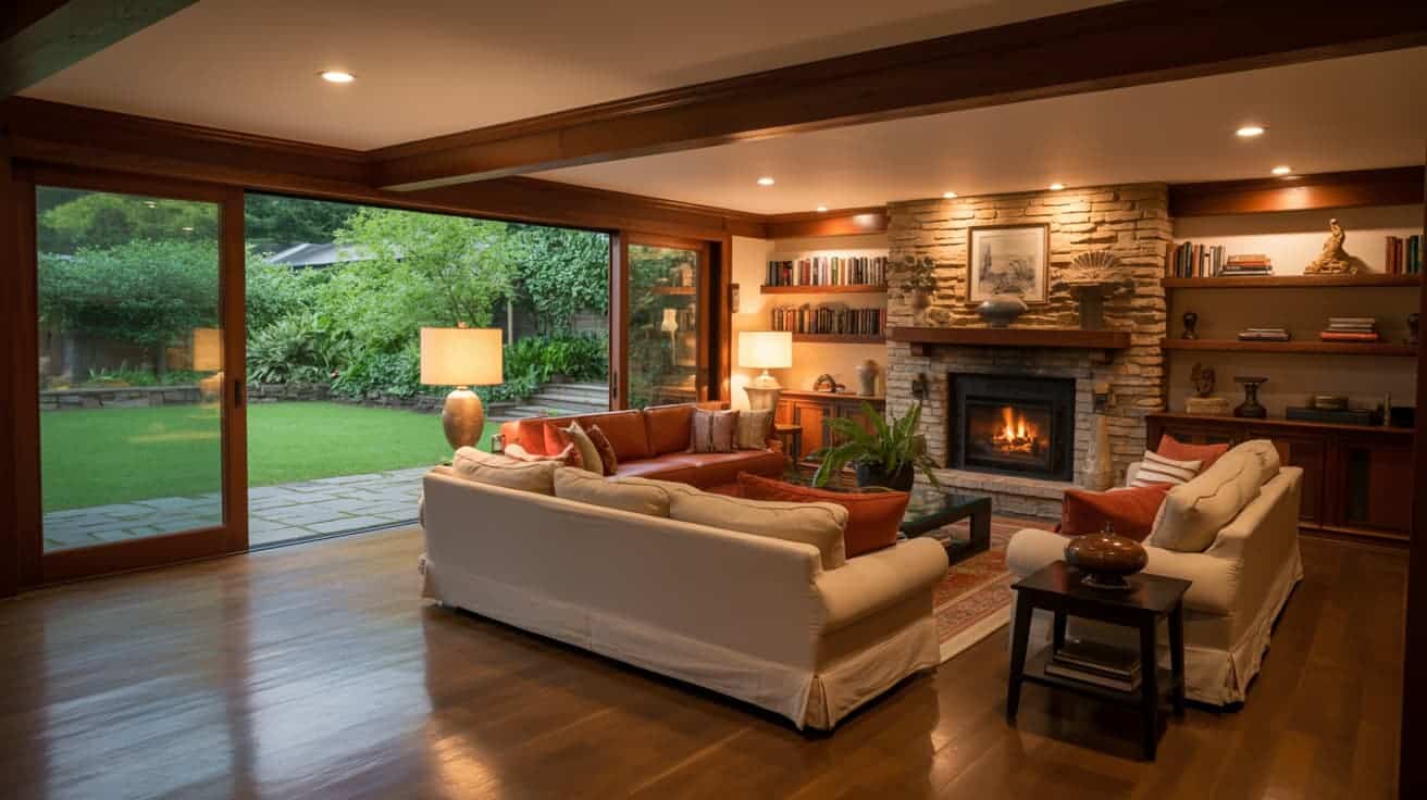 cozy family room extension with large windows and sliding doors connecting to the backyard