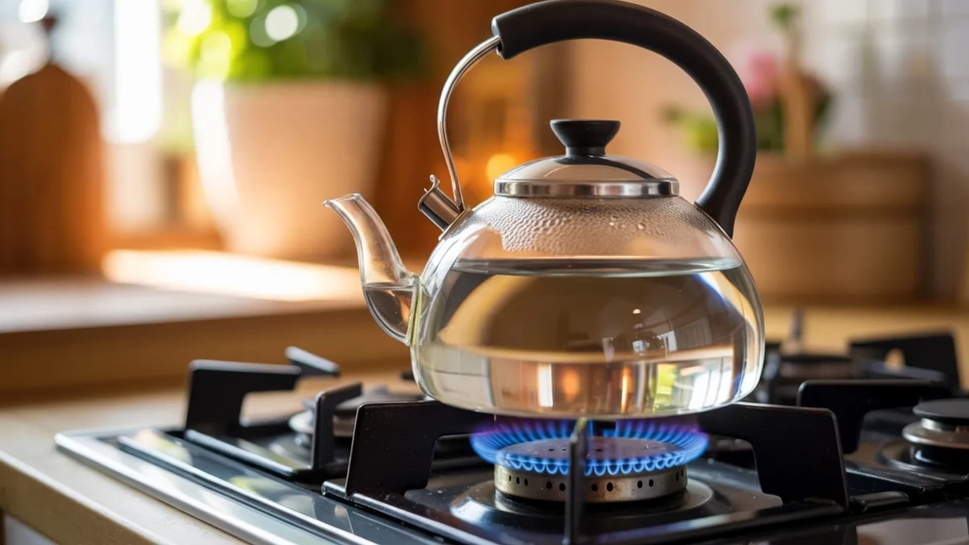 cozy kitchen scene with a kettle on the stove heating water, steam rising from the spout
