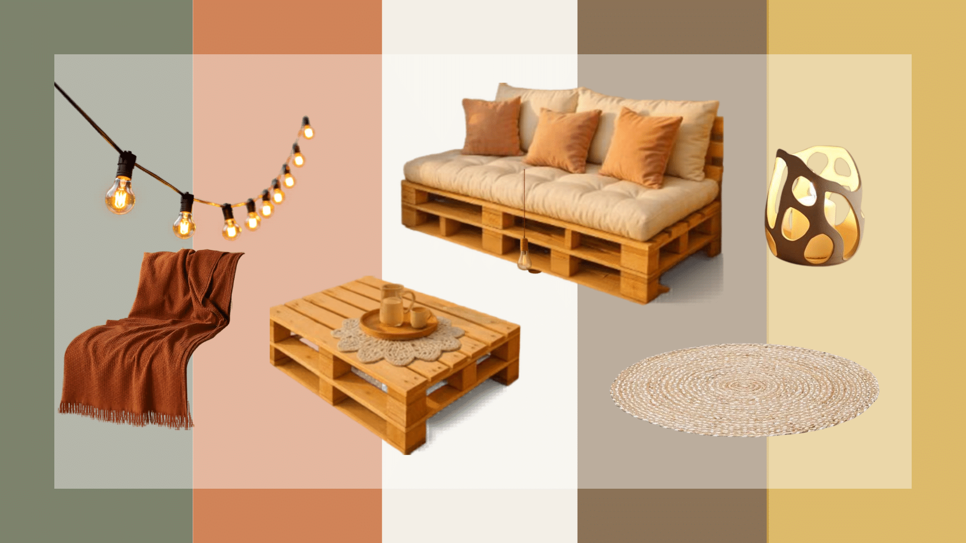 cozy patio lounge moodboard walls terracotta cushions jute rug edison lights and walnut pallet sofa