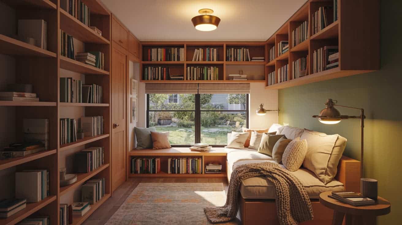 cozy reading room with bookshelves window seat warm lighting and quiet comfortable setup