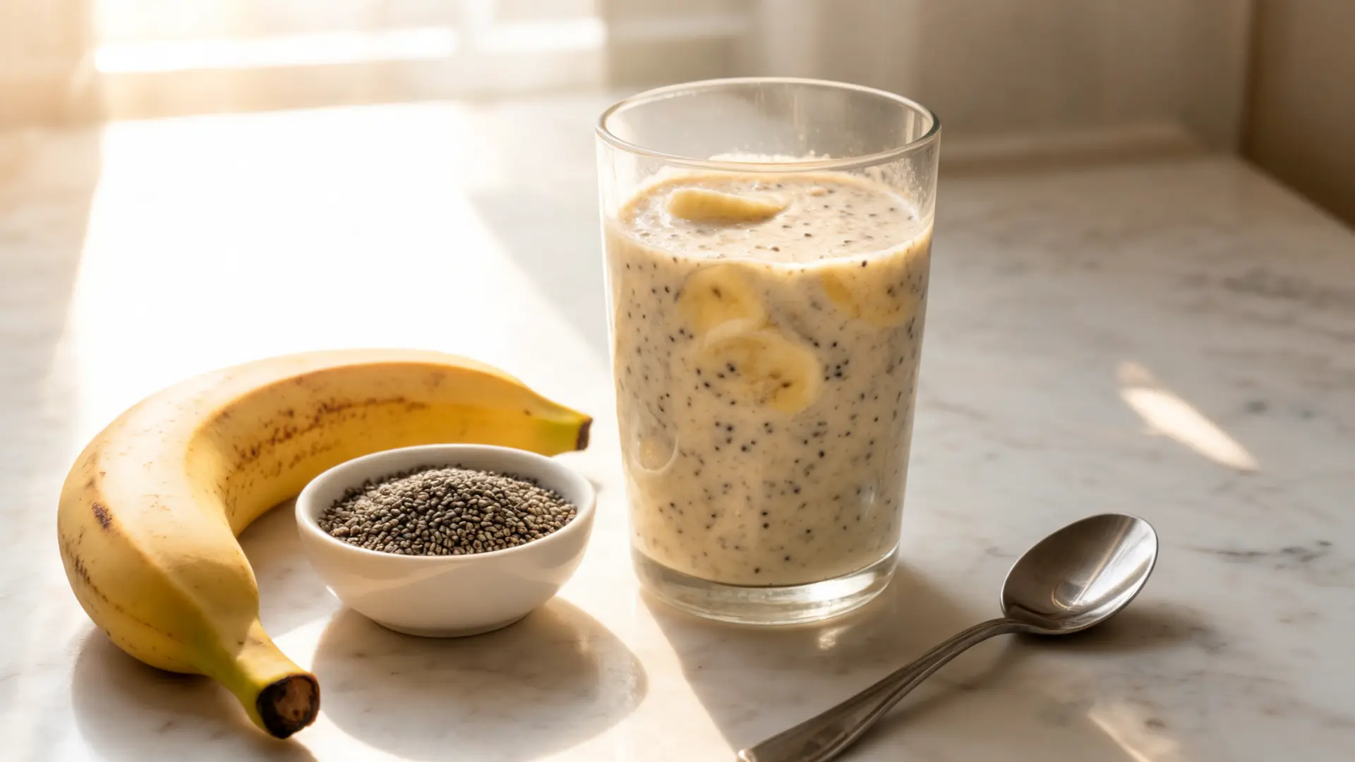 creamy banana chia smoothie with chia seeds, banana slices, milk, and vanilla on a breakfast counter