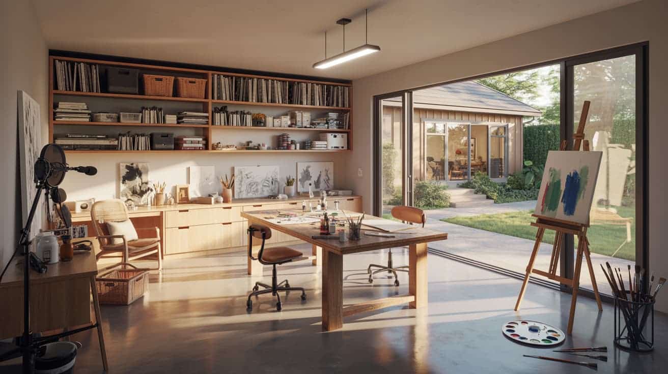 creative studio with worktable storage north facing windows ventilation and durable flooring