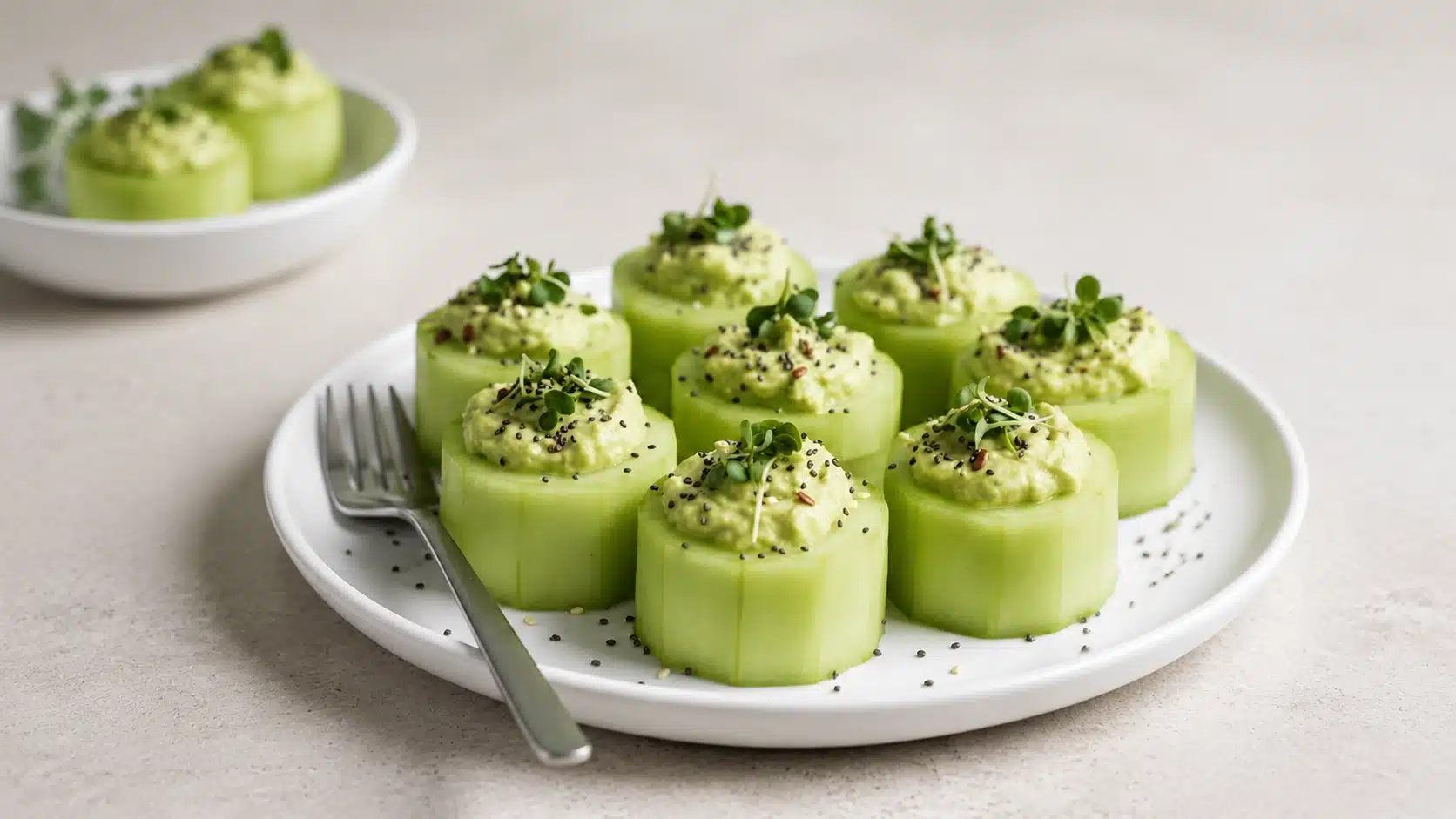 Cucumber cups filled with creamy topping on a white plate