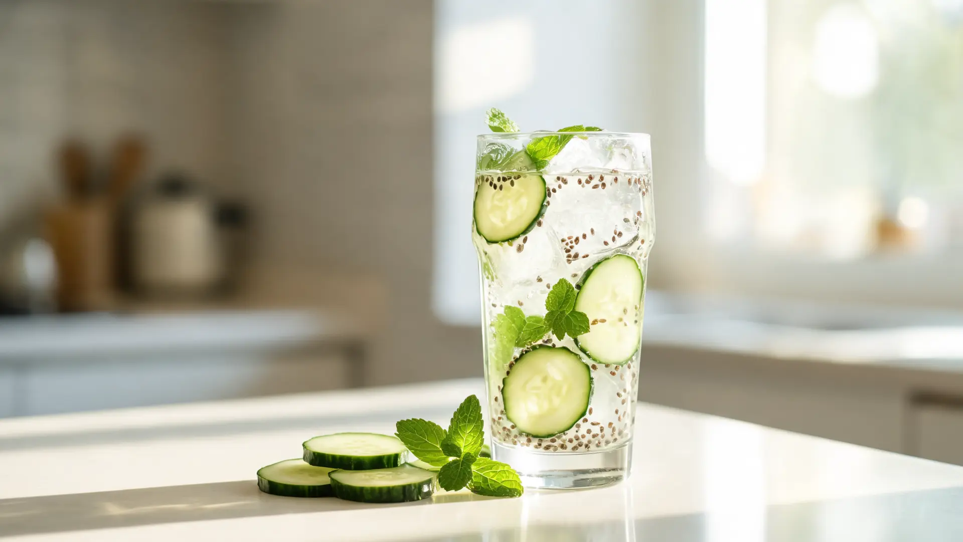cucumber mint chia water with chia seeds, cucumber slices, mint leaves, lime, and ice