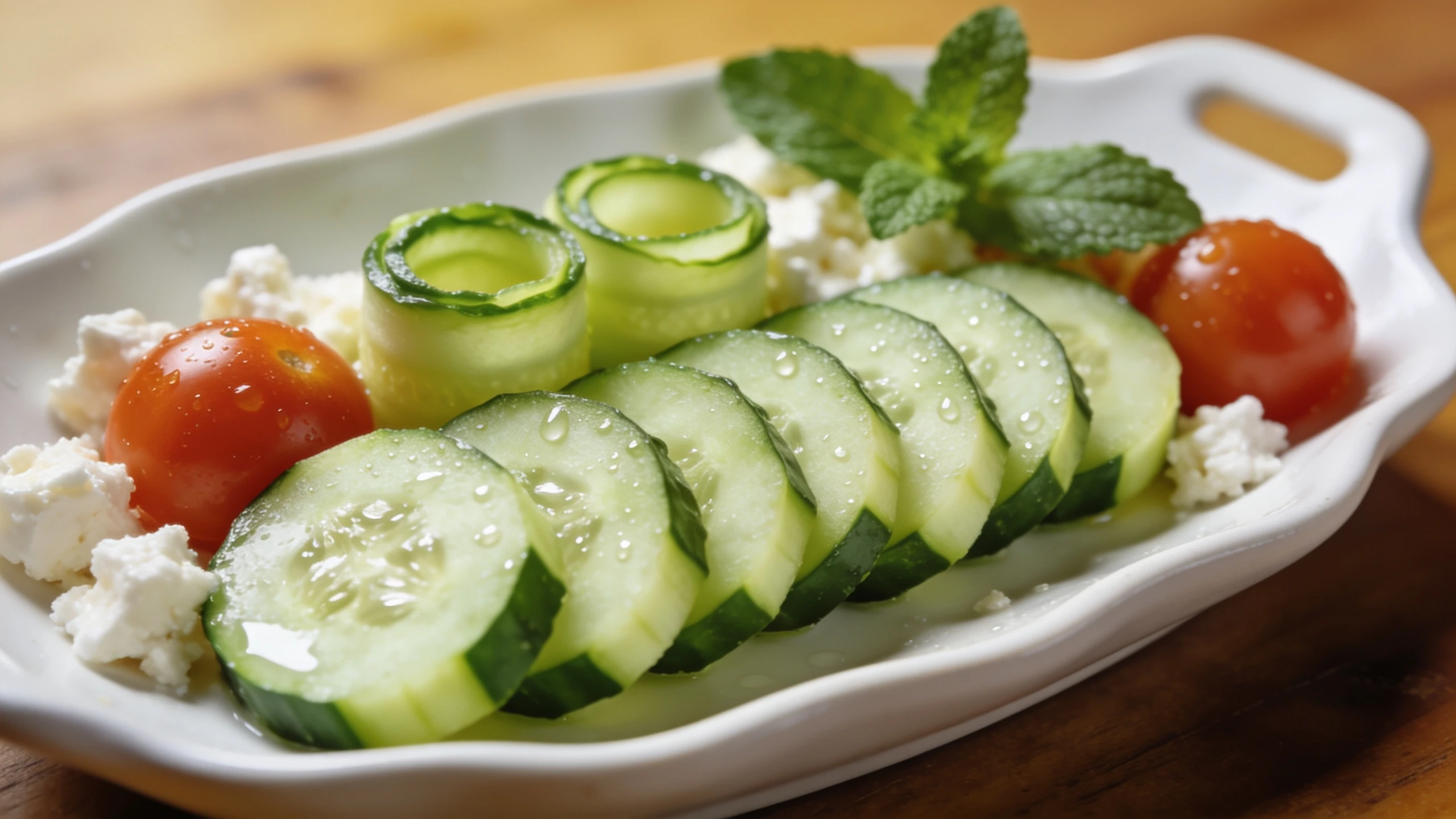 Cucumber salad with sliced cucumbers, tomatoes, and fresh garnish on a white plate