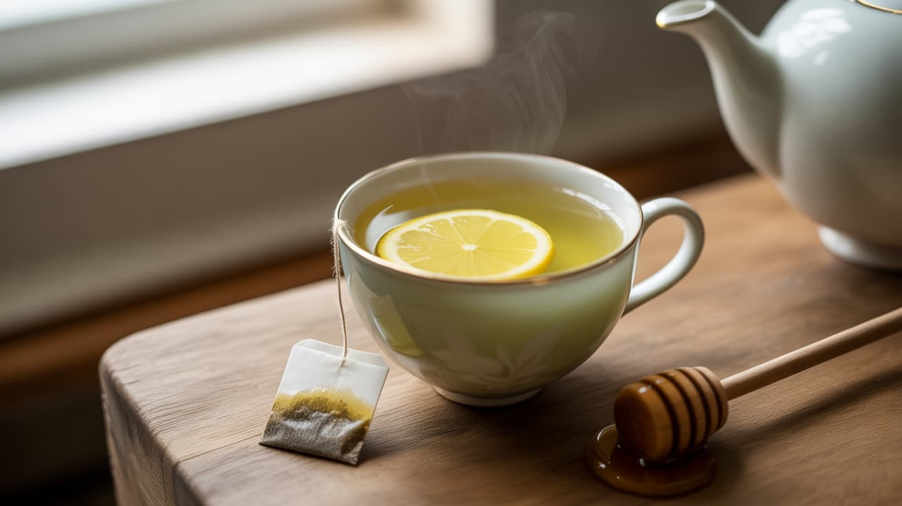 cup of green tea with lemon slice and honey on wooden table