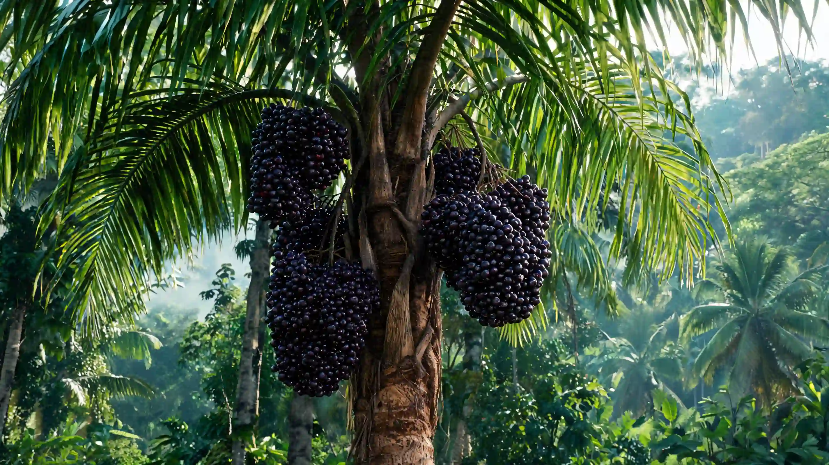 dark purple acai berries hanging from a palm tree