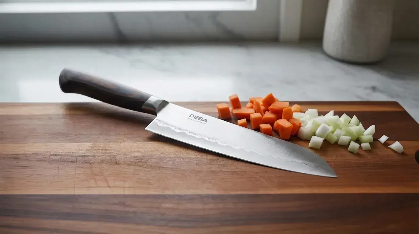 deba knife on wooden board with soft light and simple kitchen elements, showing thick blade in a clean and calm setting (1)
