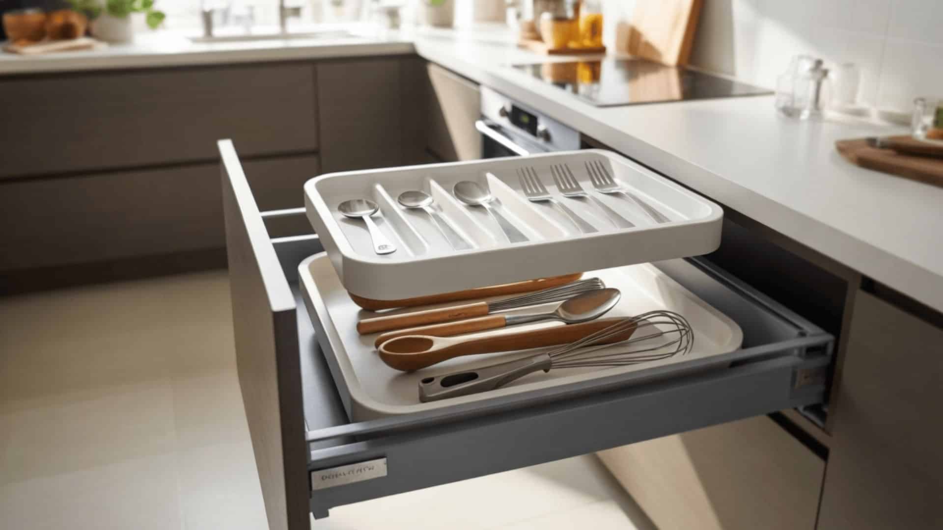 deep kitchen drawer with two stackable white trays holding larger tools on the bottom and small kitchen tools on top