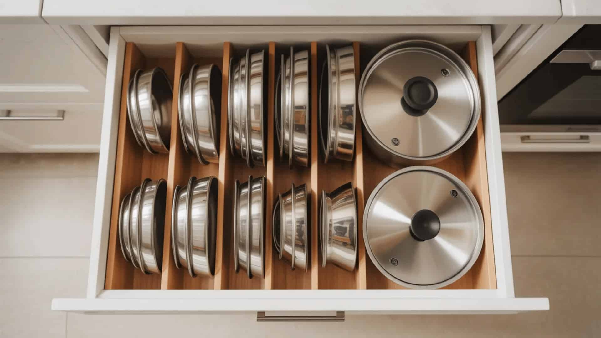 deep kitchen drawer with vertical dividers holding stainless steel and glass pot lids standing upright sorted by size