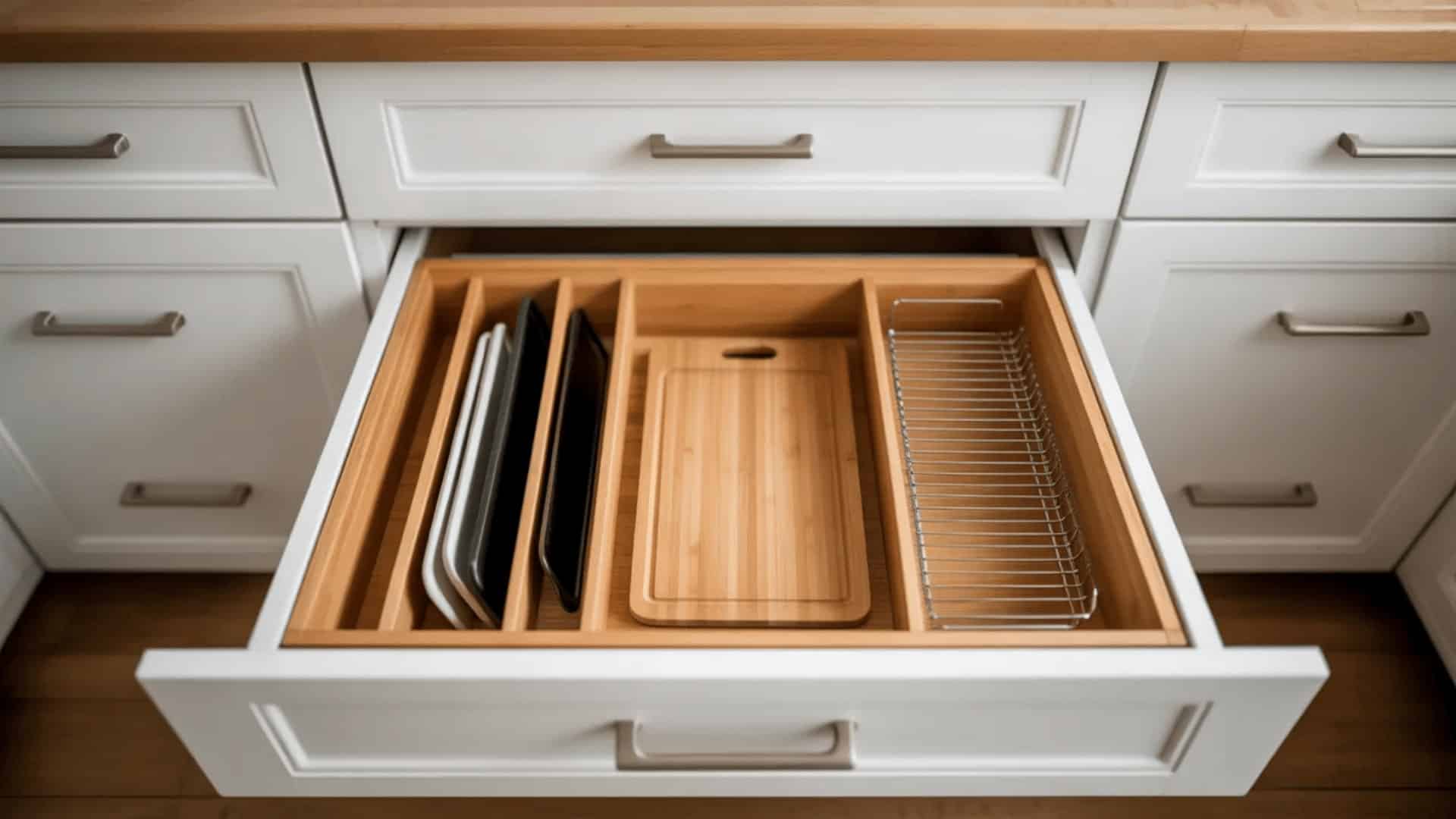 deep kitchen drawer with vertical wooden dividers holding baking sheets, cutting board, and cooling rack standing upright