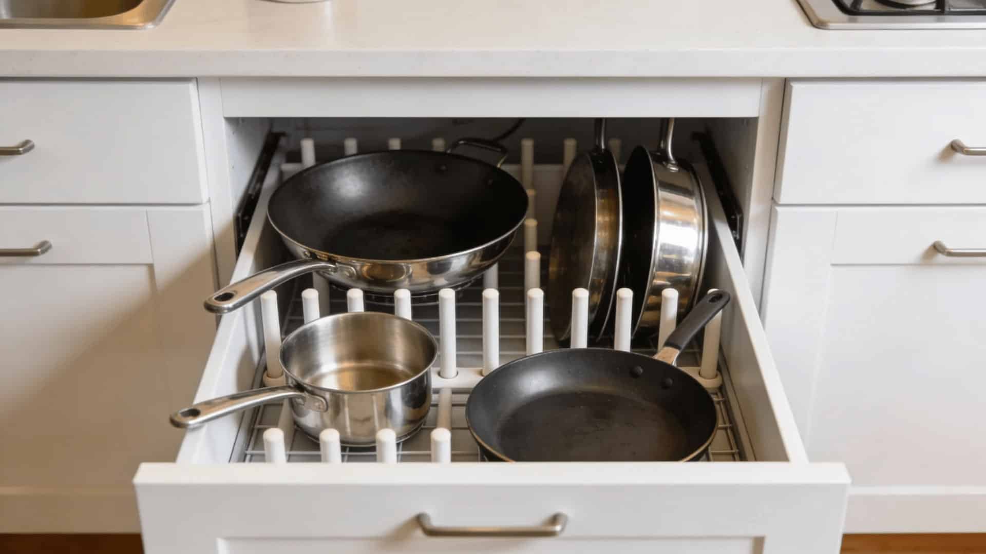 deep lower kitchen drawer with vertical peg dividers holding stainless steel pots, pans, and skillet upright in separate slots