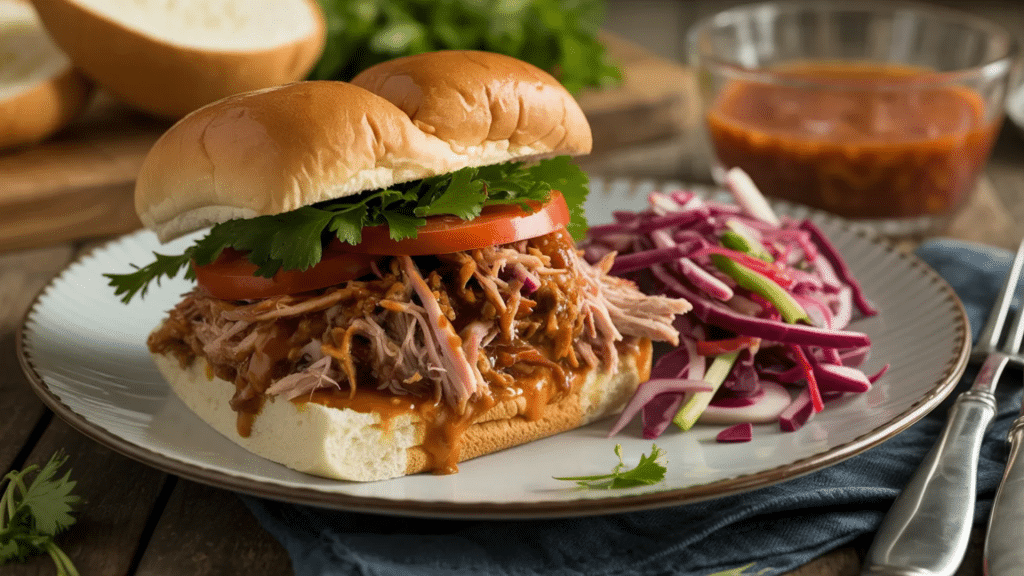 delicious plate of pulled pork, perfect for sandwiches or paired with a side of slaw