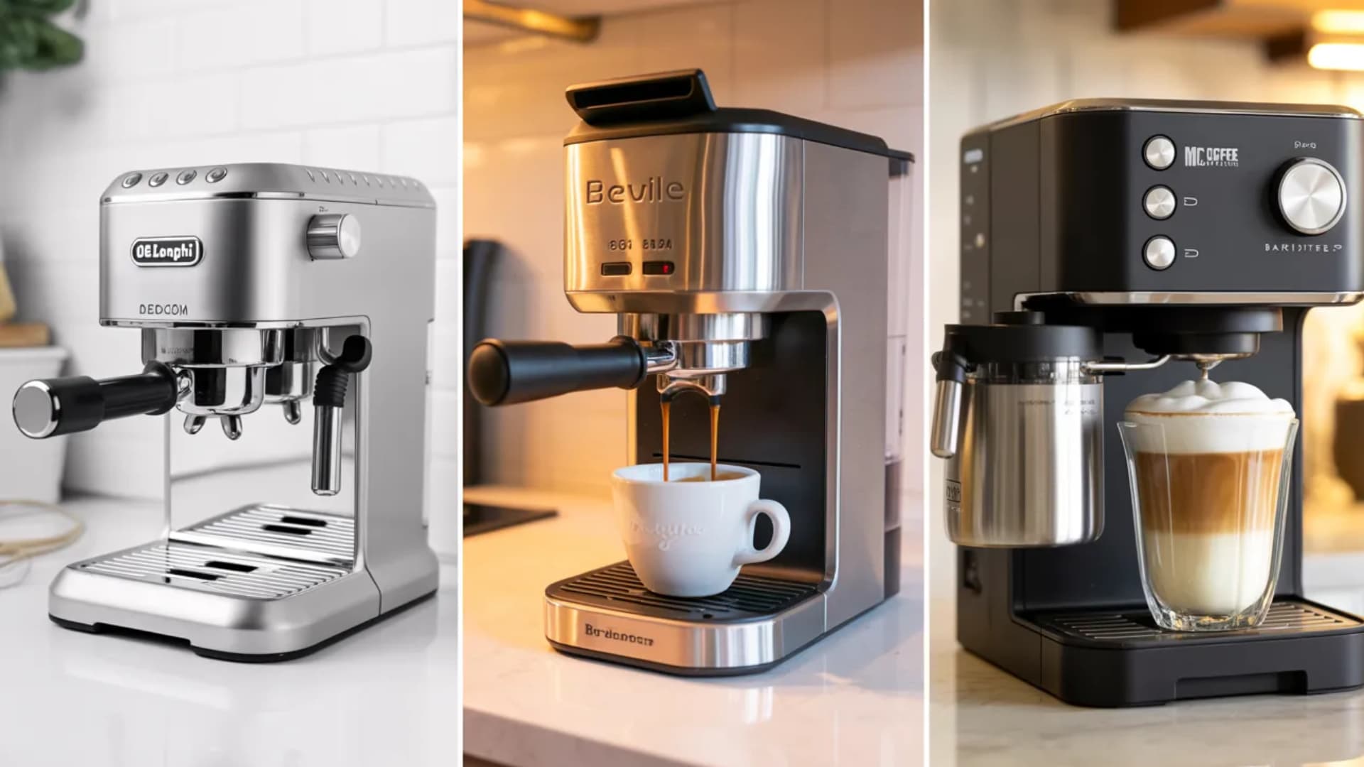 De'Longhi Dedica, Breville Bambino, and Mr. Coffee Barista espresso machines on a kitchen countertop, showcasing their sleek designs and functionality