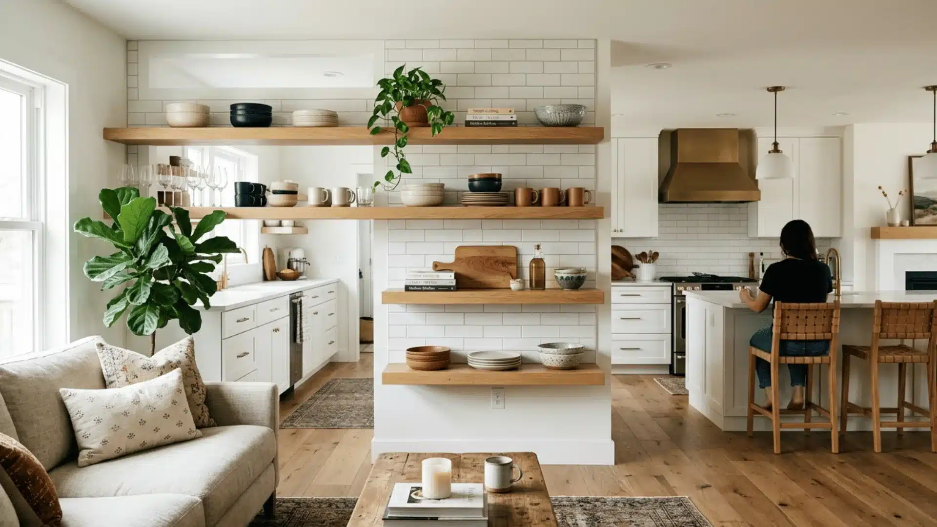 design concept for open shelving that faces the living room, utilizing floating shelves
