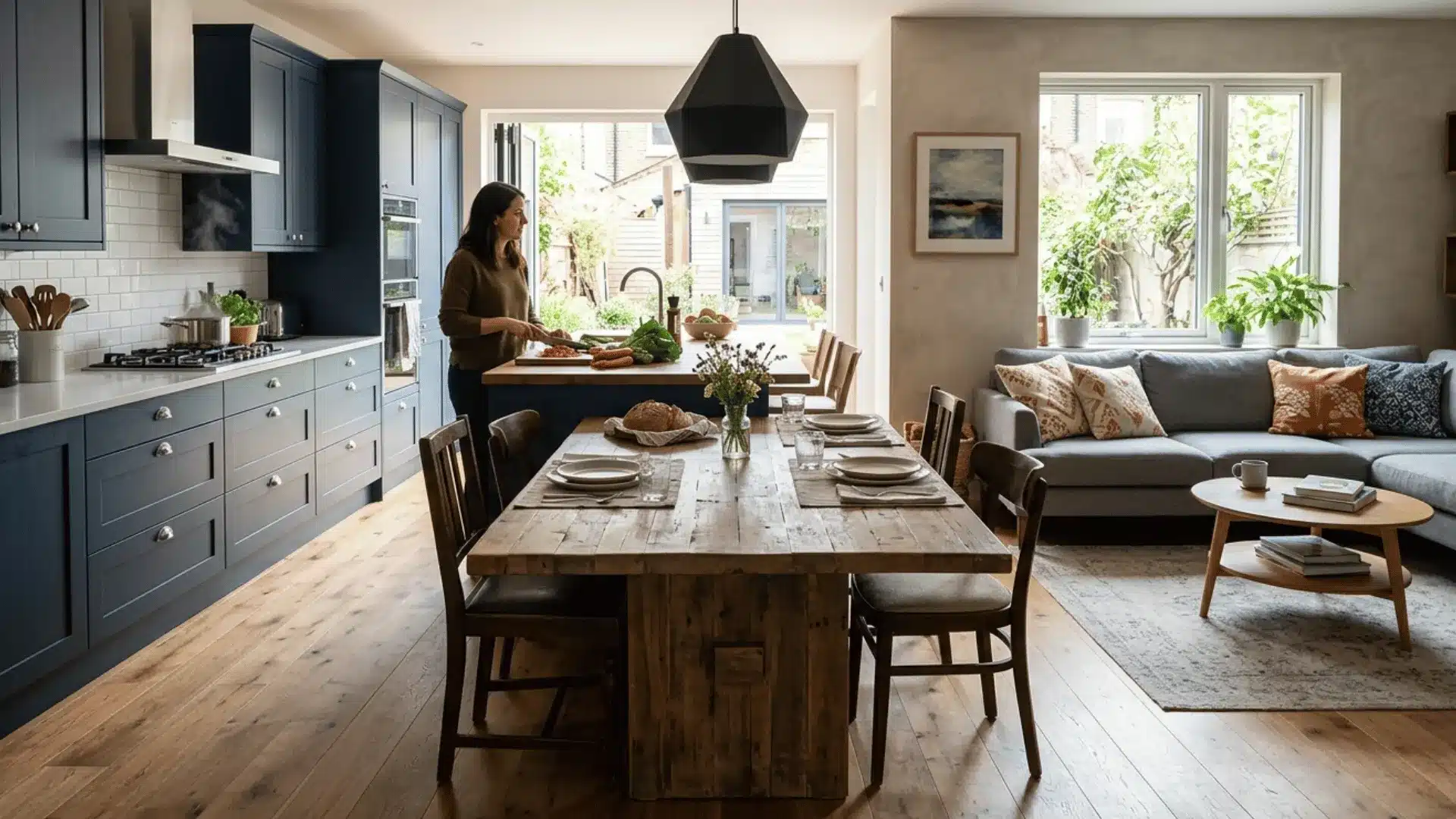 _design uses the dining table as a practical connecting the kitchen and living area to create a fluid and inviting space