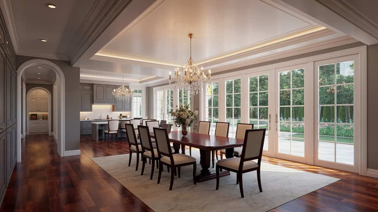 dining room expansion with improved lighting, higher ceiling, and glass doors connecting to the backyard