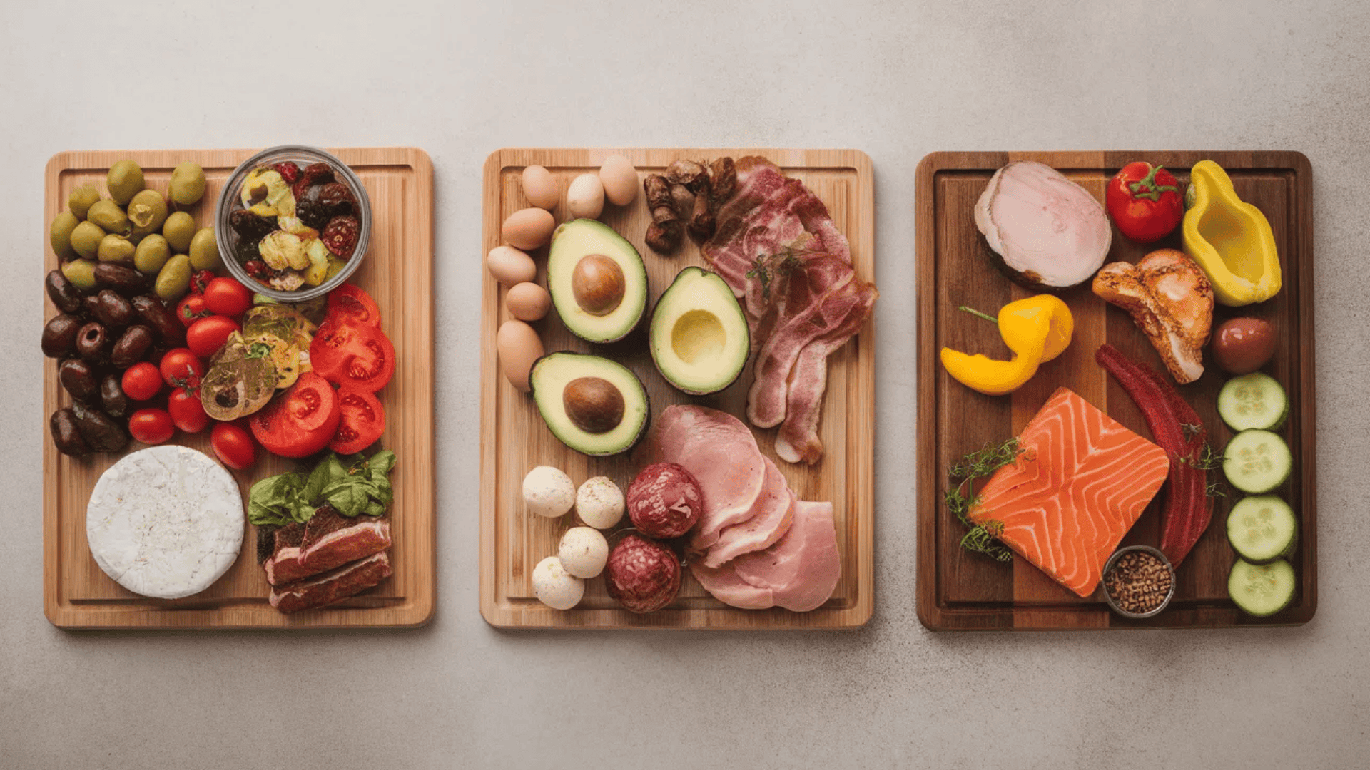 display of mediterranean-style foods with olives, cheese, and vegetables alongside keto-friendly foods rich in protein, fats, and low-carb vegetables.