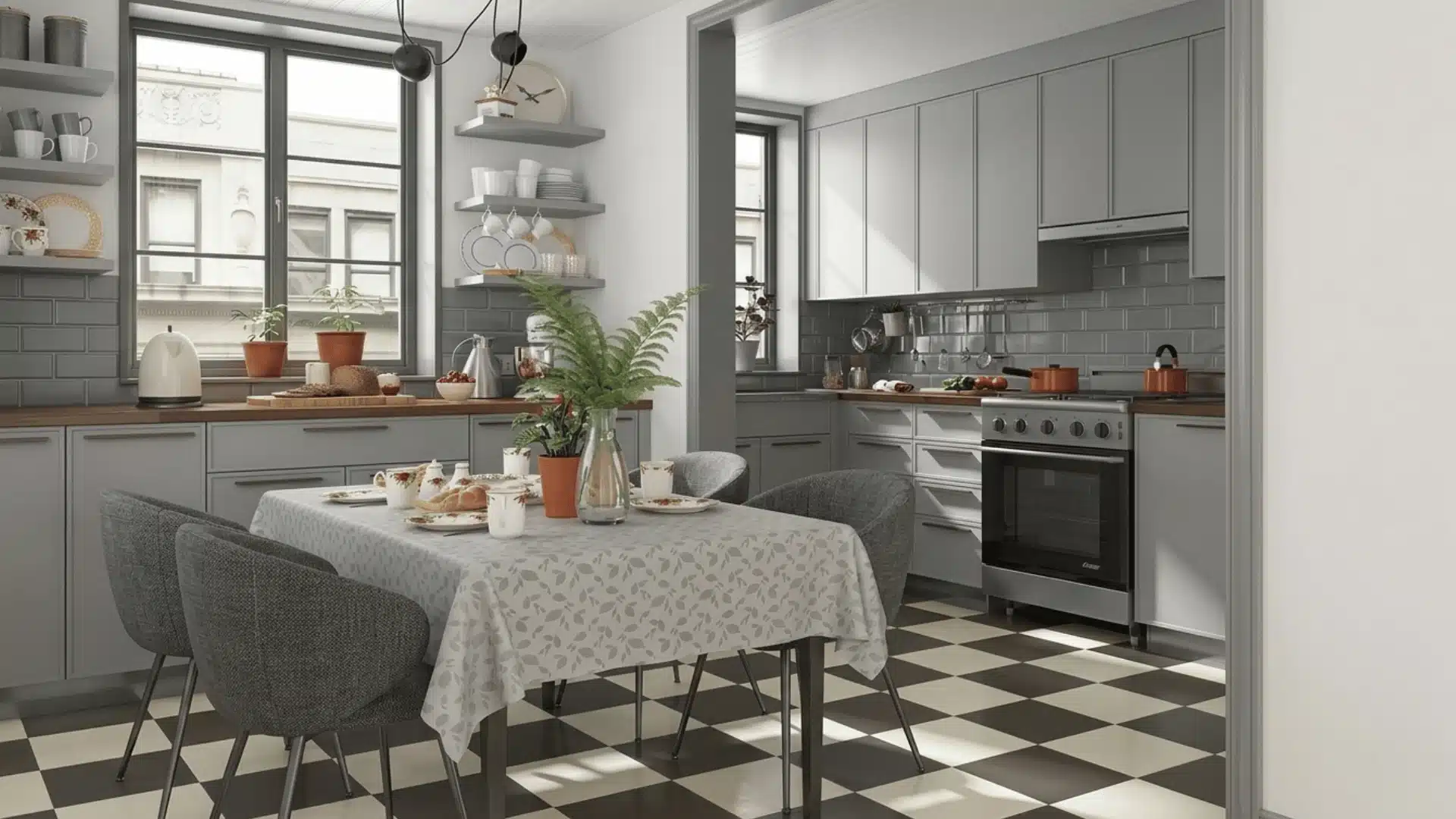 distinct photo of your kitchen overall color palette to a sophisticated grey, featuring grey cabinetry and darker tile accents.