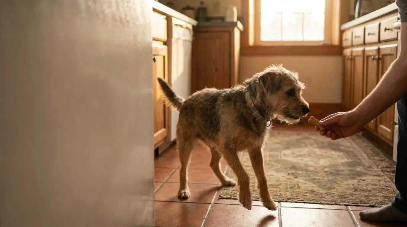 Dog approaching a hand offering a treat in a sunlit kitchen with wooden cabinets