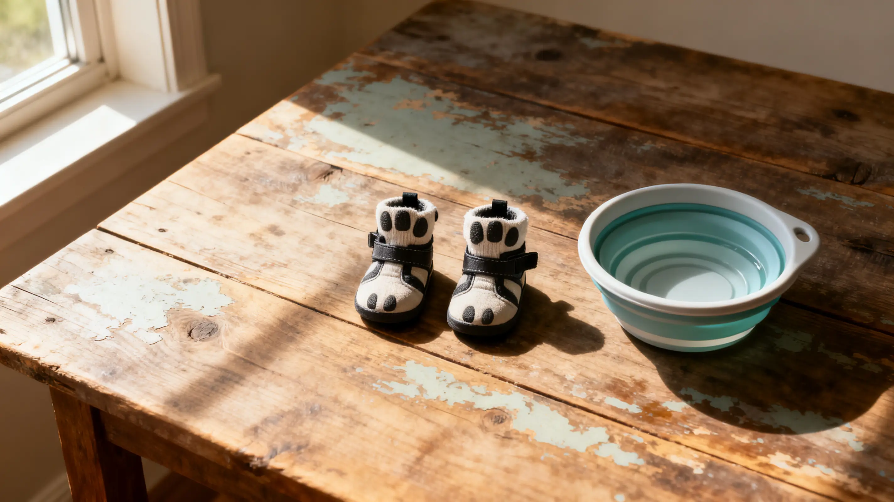 Small baby shoes and turquoise bowl on rustic wooden table in sunlight