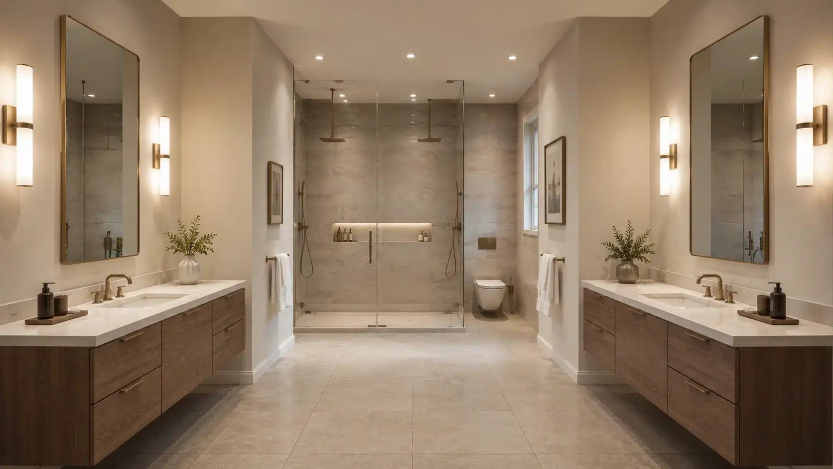 double vanity bathroom featuring floating wooden cabinets, large mirrors, glass shower enclosure, and neutral tiles