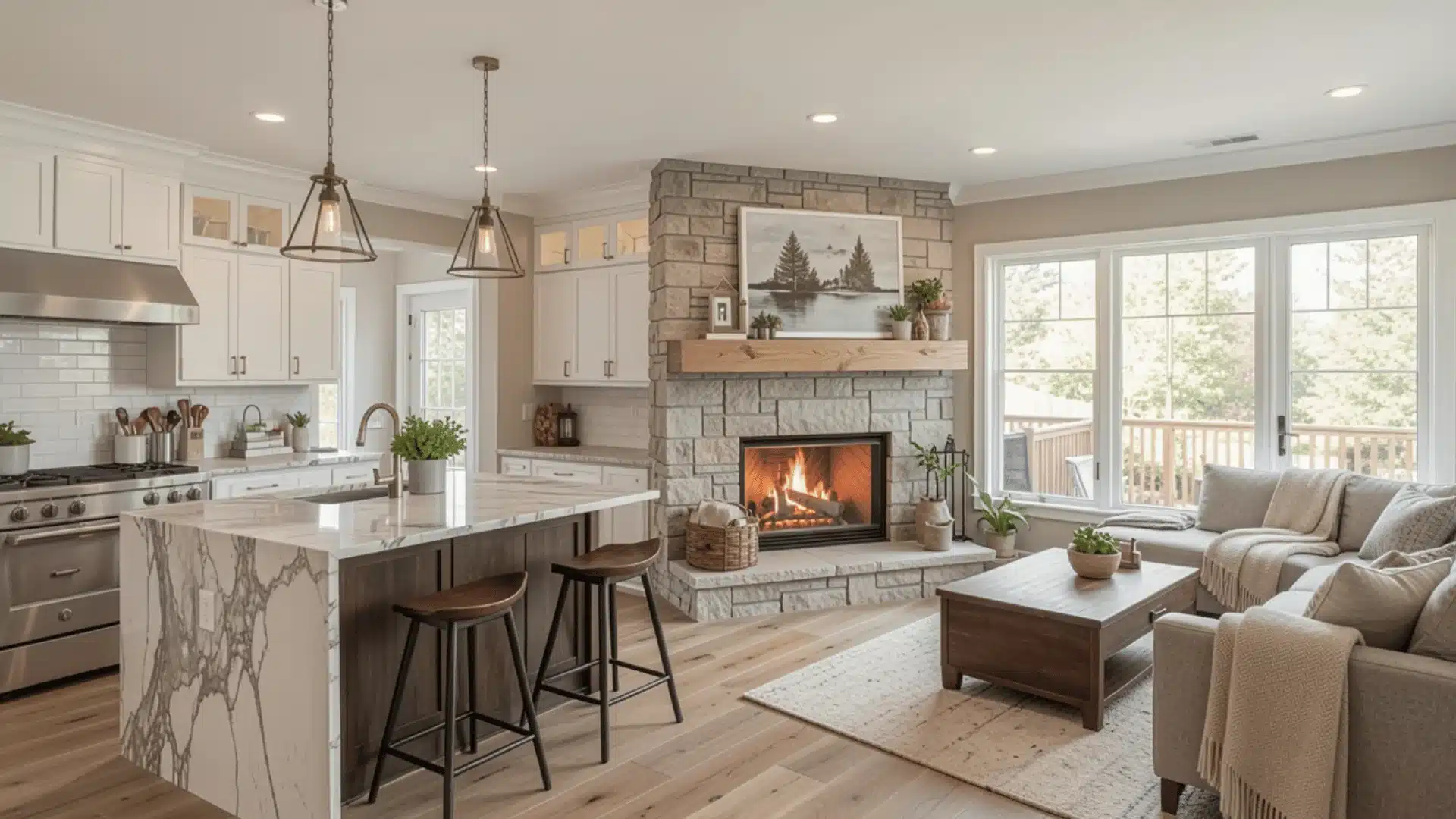 draws the eye, adds warmth, and gives the layout a clear focal point that both zones