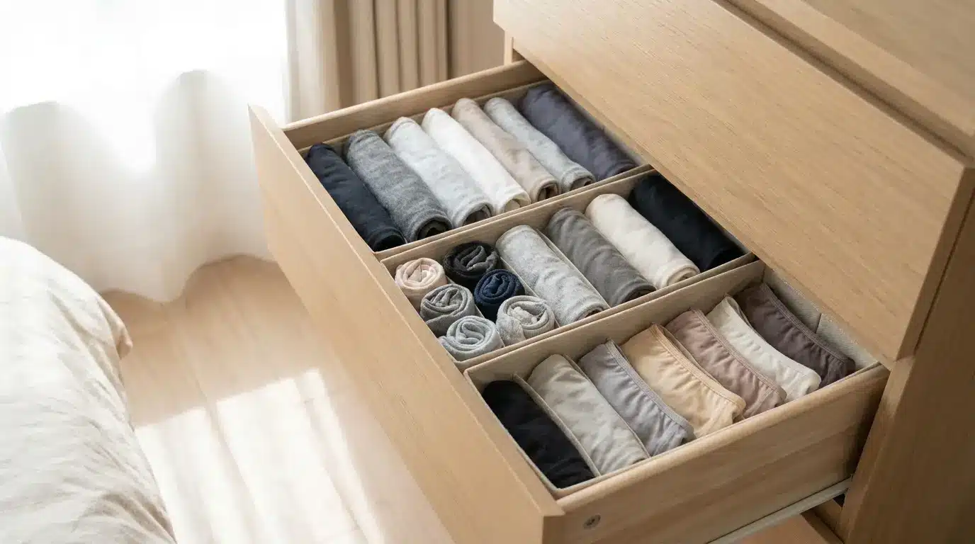 dresser drawer divided into sections with folded clothes arranged in neat rows