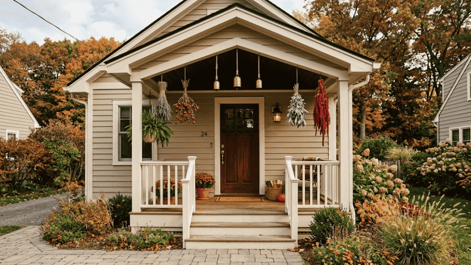 dried lavender rosehip sage and amaranth bundles hanging from porch ceiling beams with small copper bells on a fall home exterior