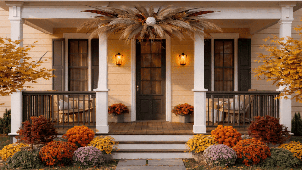 dried pampas bundles pheasant feathers and amber lanterns hanging from a porch ceiling with trailing pothos vines on a fall home (1)