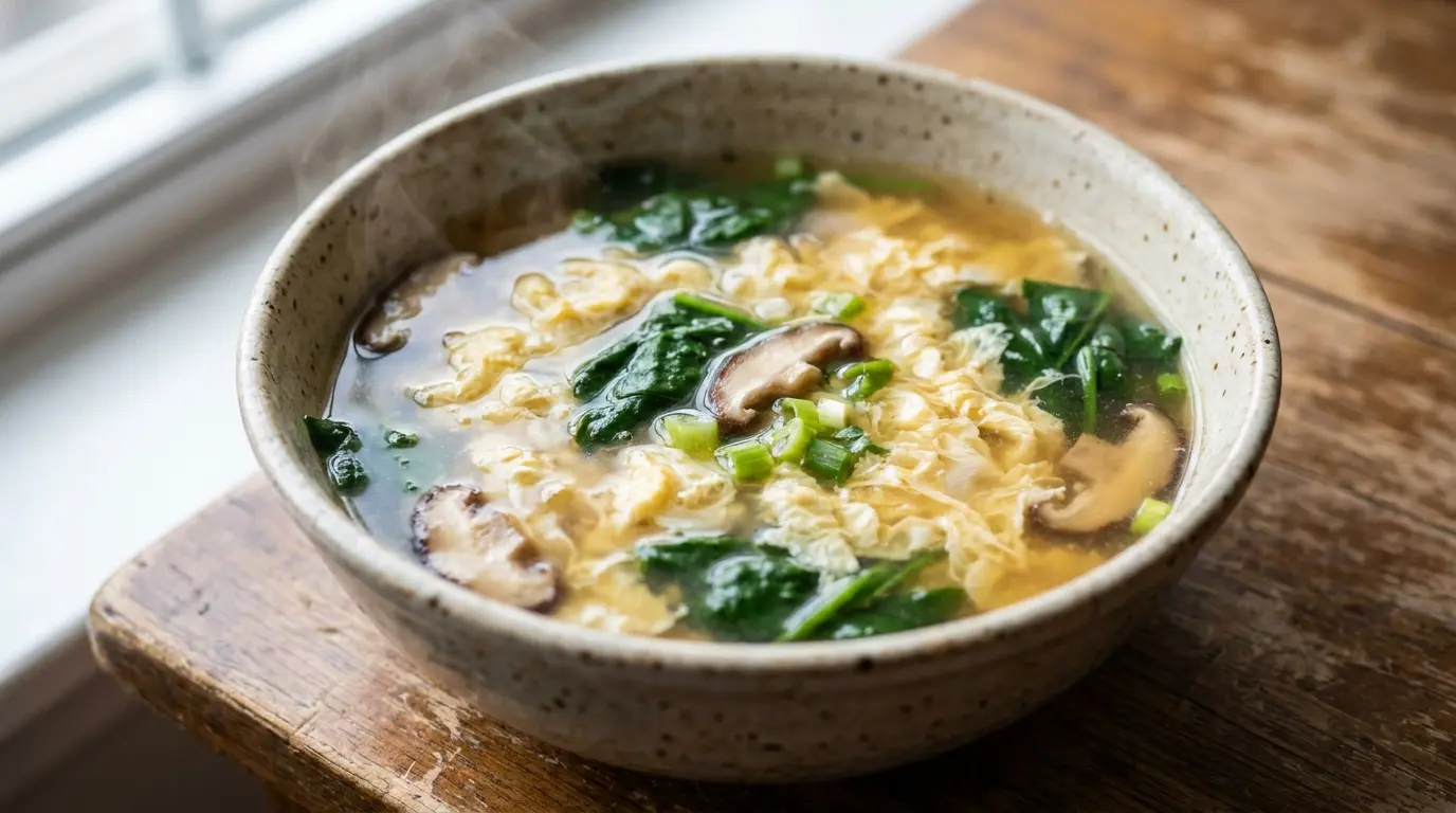 egg drop soup with spinach mushrooms scallions and silky egg ribbons in a warm bowl