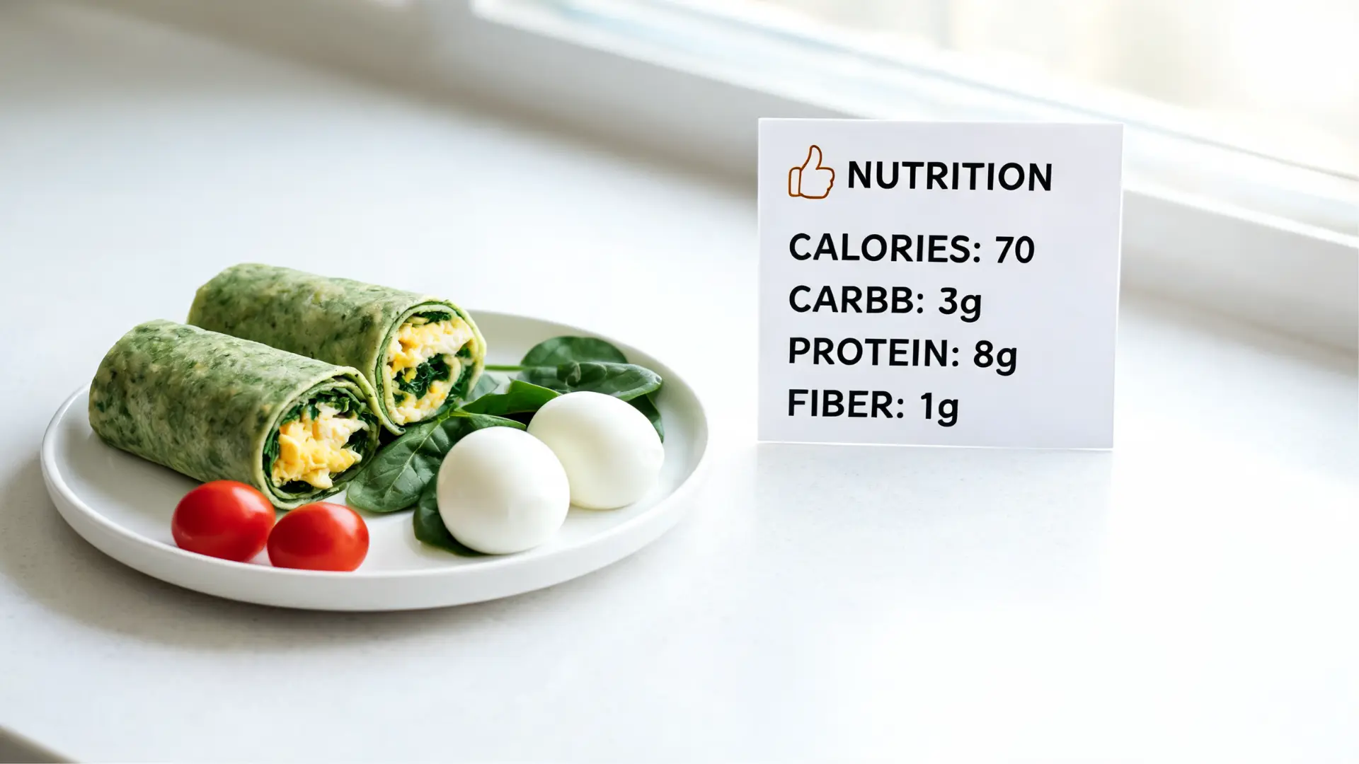 egg white spinach wraps high protein low calorie breakfast wrap with nutrition values showing calories carbs and protein