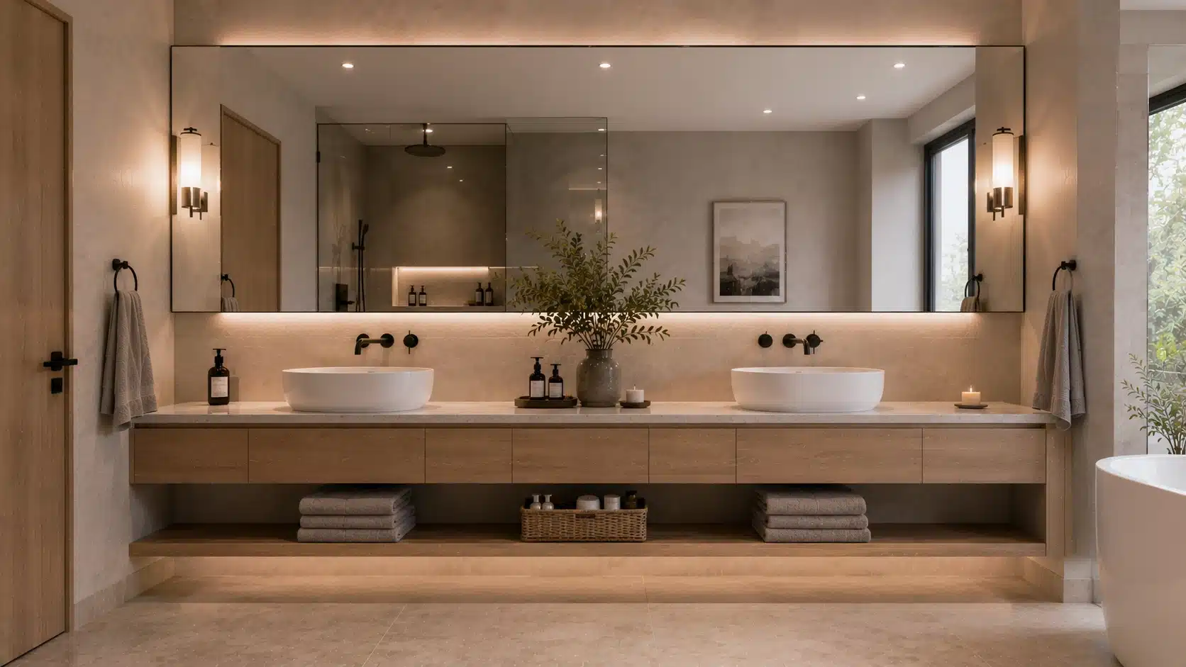 elegant double vanity bathroom with oversized mirror, vessel sinks, floating wooden cabinetry, and soft lighting
