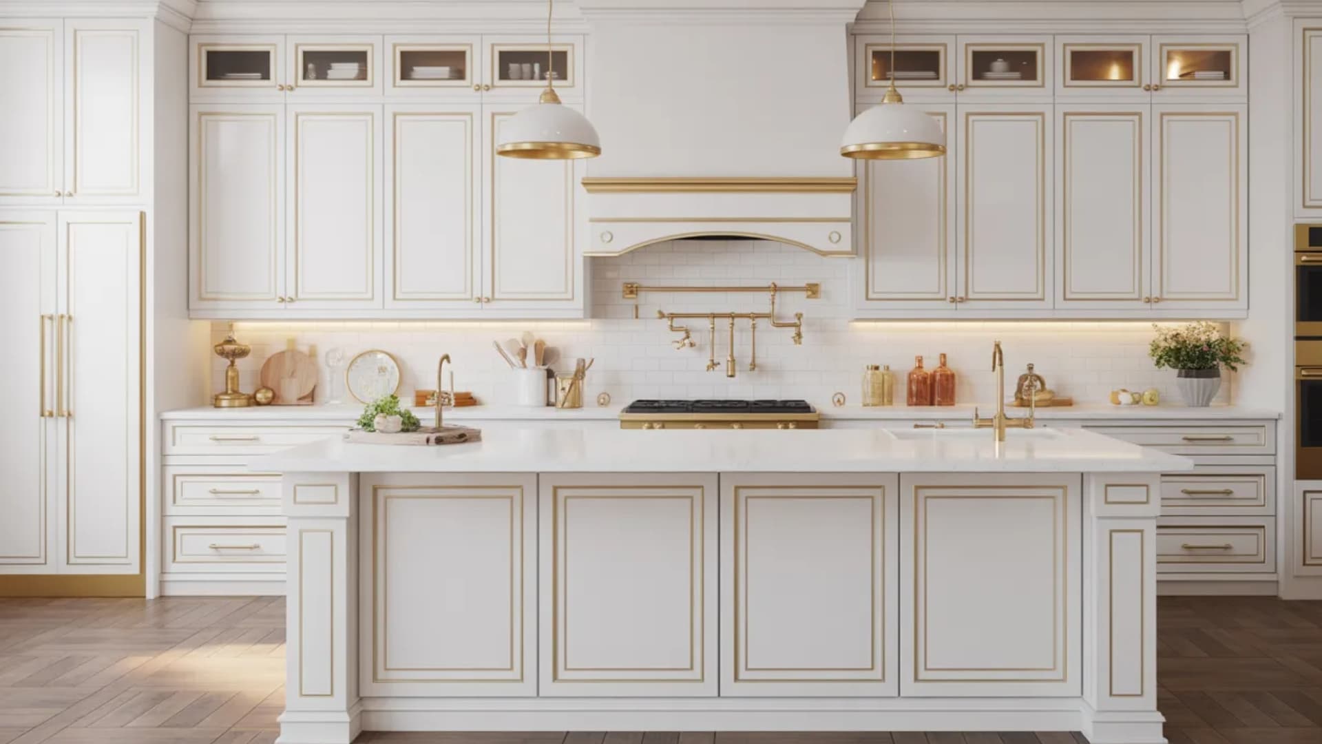 elegant kitchen featuring white cabinets with gold trim and hardware, a white marble countertop, and a gold-accented kitchen island