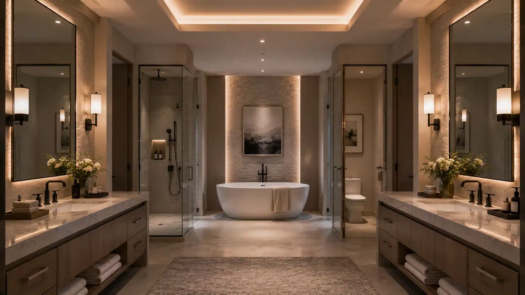 elegant master bathroom featuring dual vanities, freestanding bathtub, glass showers, textured walls, and warm lighting