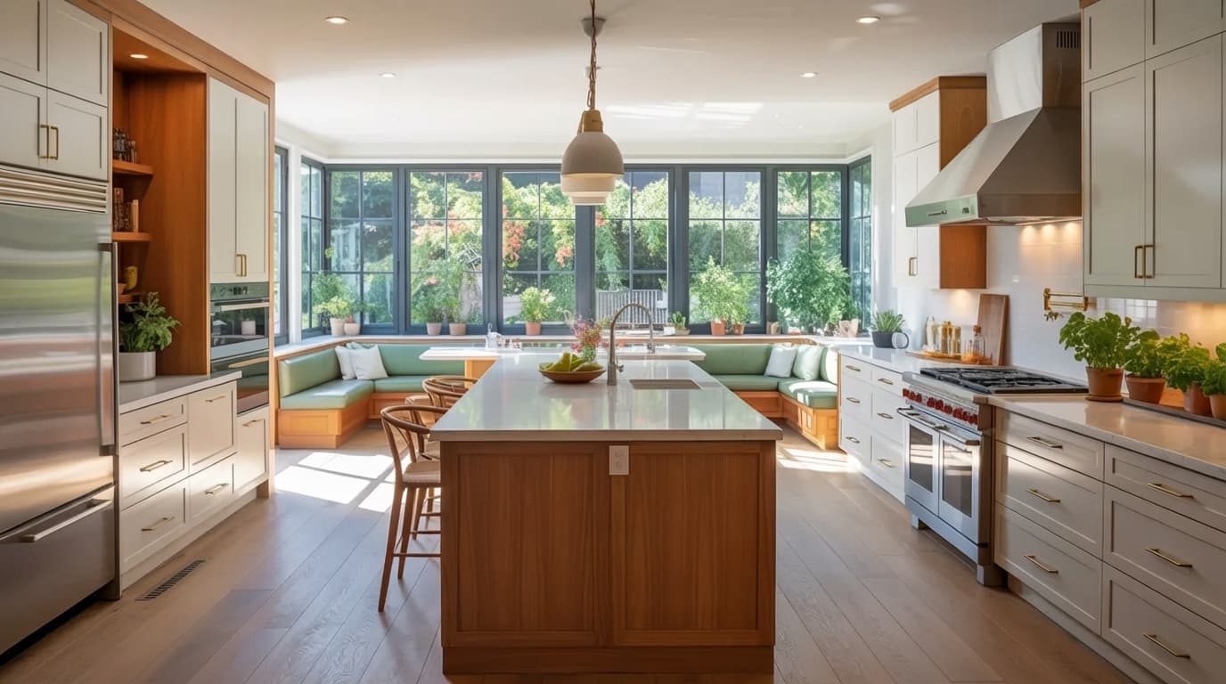 expanded kitchen with breakfast nook, garden views, central island, and efficient storage
