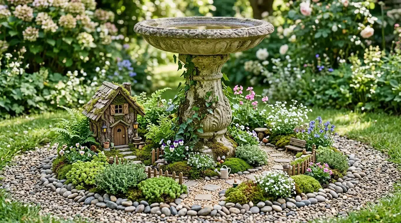 fairy garden at birdbath