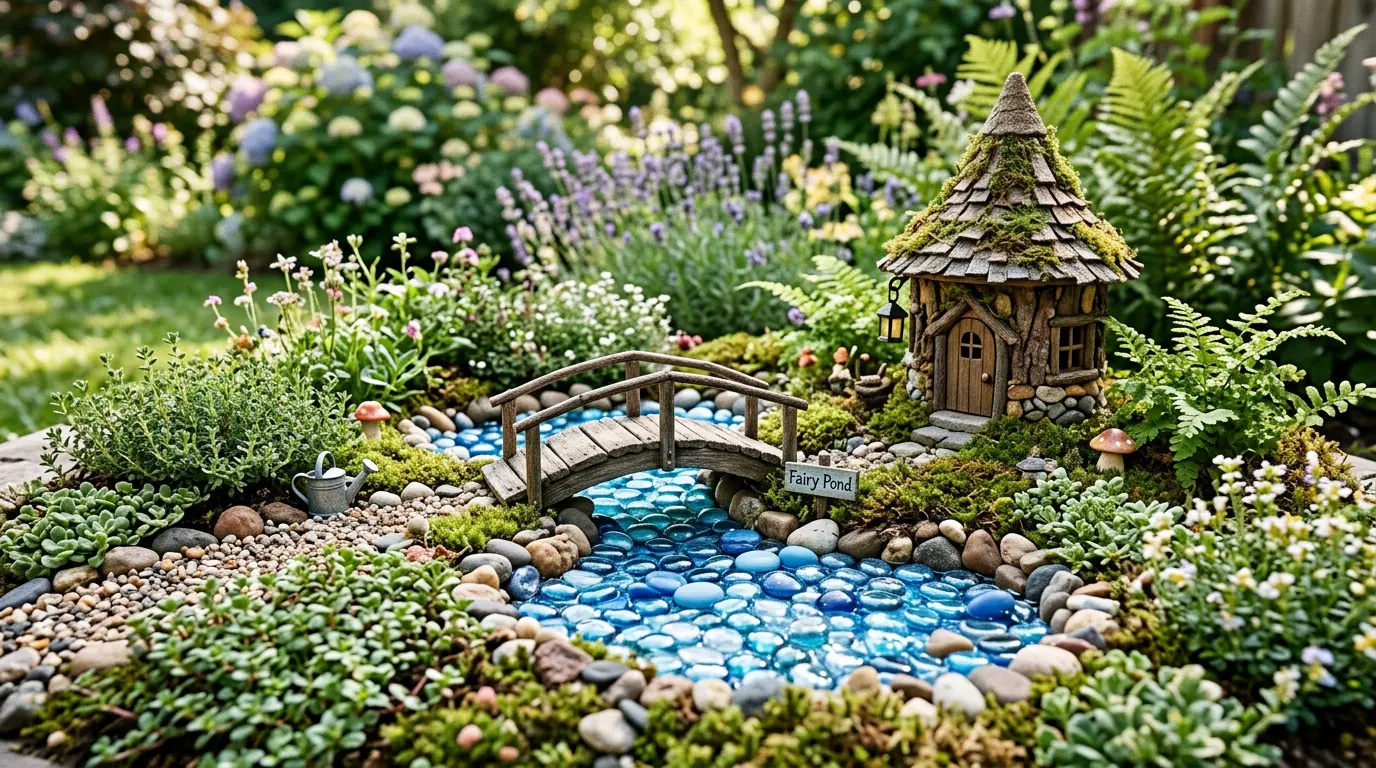 fairy garden with mini pond