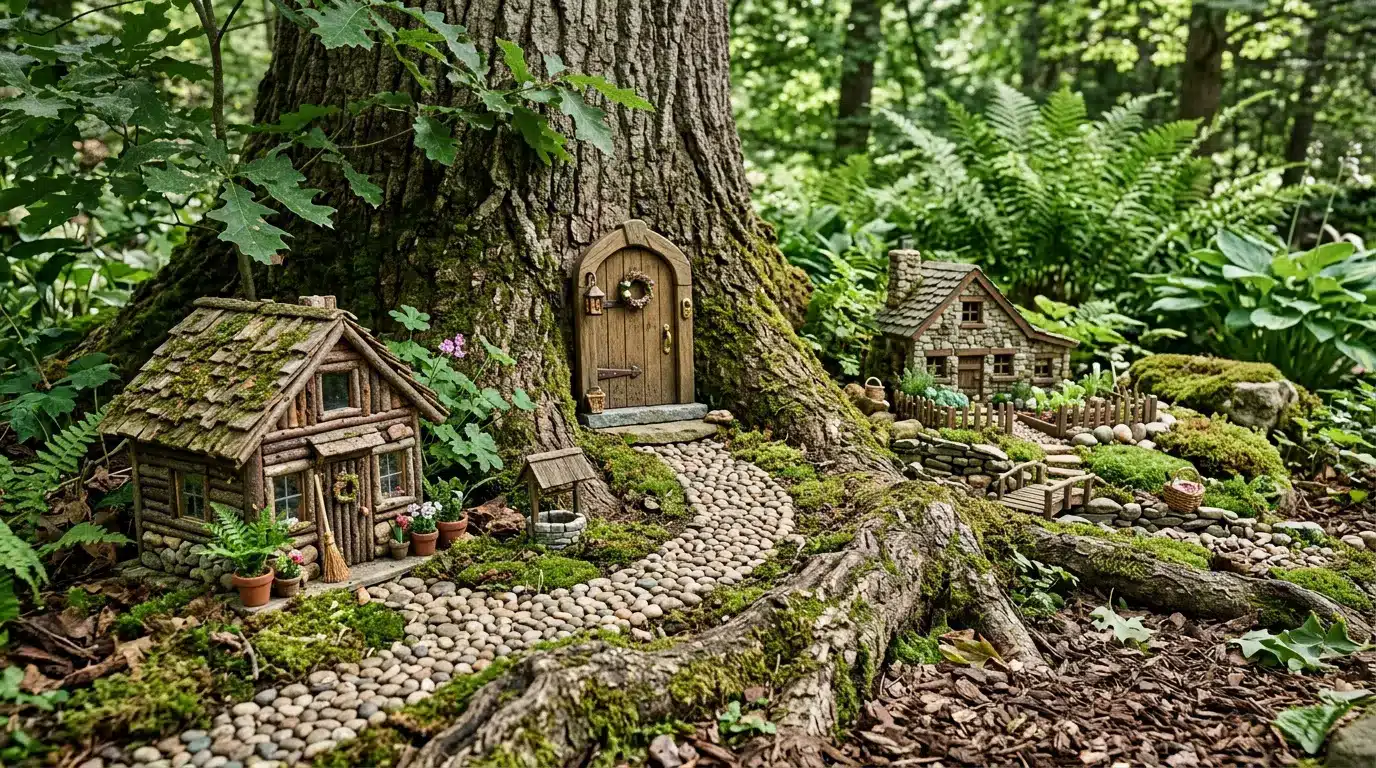 fairy village at tree base
