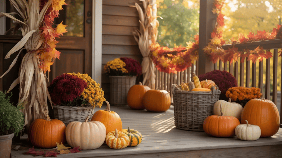fall porch with mixed pumpkins woven baskets burgundy and yellow mums cornstalks and a leaf garland along the railing in warm sunlight