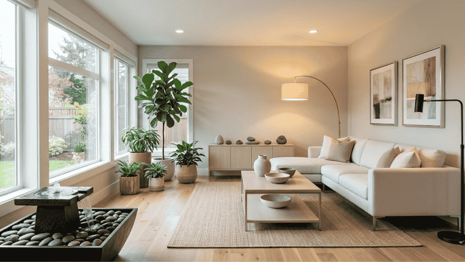 feng shui living room with plants lighting ceramics metal decor and water feature creating balanced energy