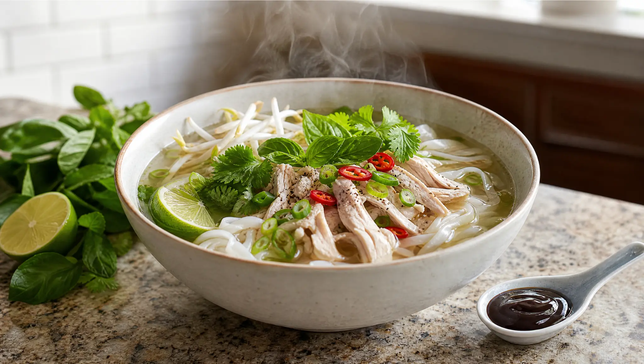 finished homemade chicken pho bowl